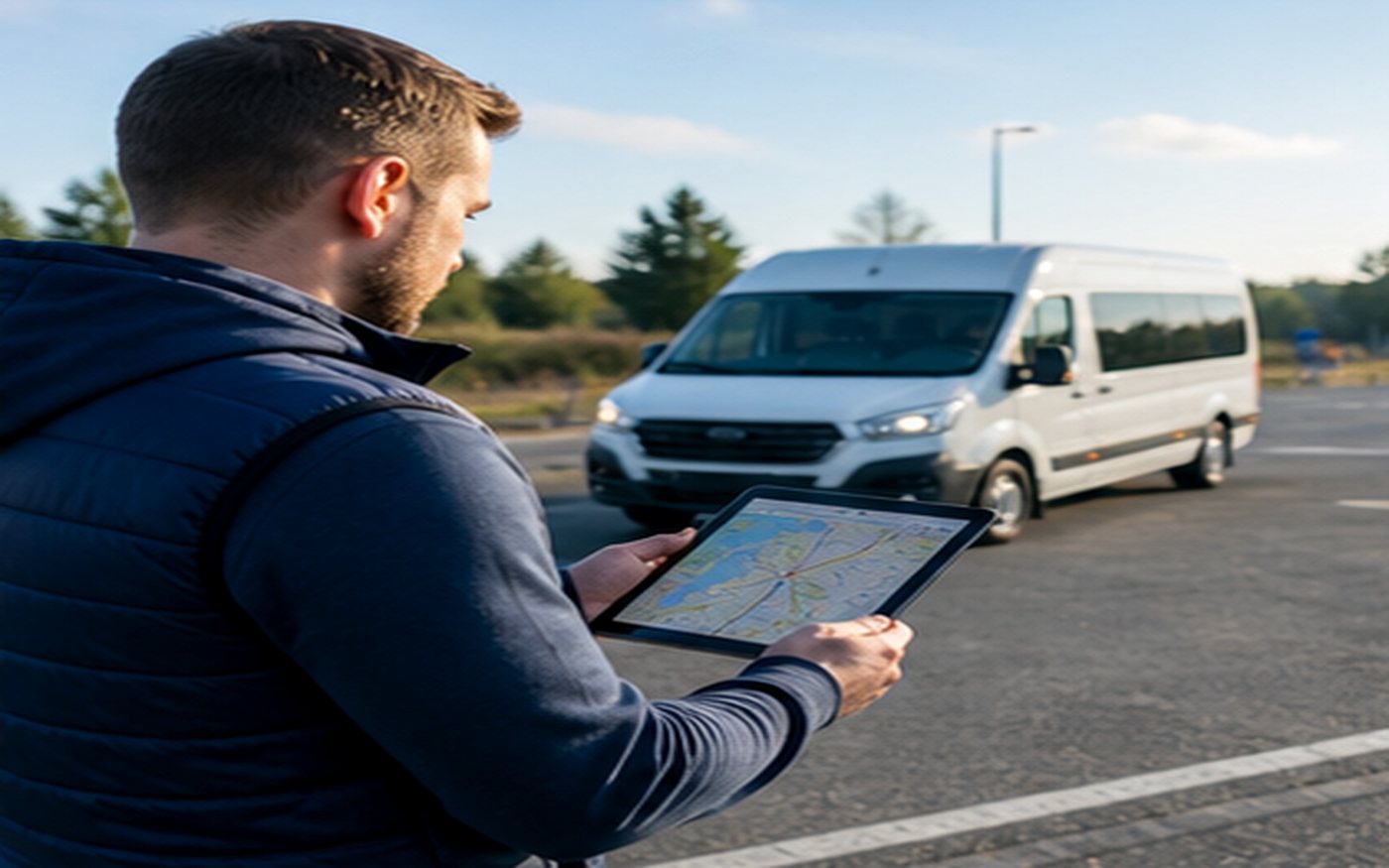 Realistyczny bus przy trasie międzynarodowej i planowaniu kierunków
